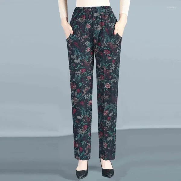 Pantalon femme taille élastique imprimé fleurs de plantes flatteur jambe droite automne et hiver élégant mince poche ample