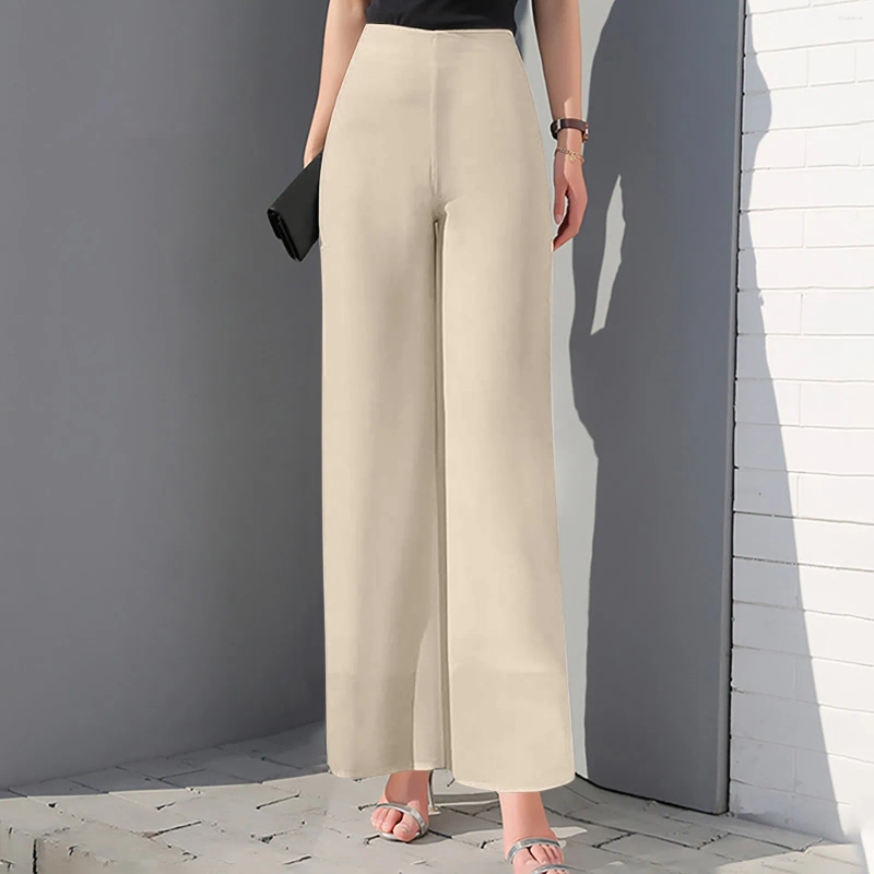 Calças femininas elegantes calças de cintura alta mulheres em linha reta casual cor sólida alta cintura elástica perna larga feminino escritório wear