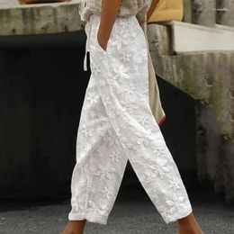 Pantalon féminin élégant crampon blanc lâche pantalon droit broderie décontractée en coton en lin pantalon de taille élastique de la cheville