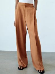 Calças femininas elegantes escritório mulheres roupas 2023 frente plissada zip cintura alta detalhe sólido casual calças de comprimento total