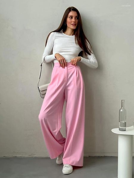 Pantalones para mujer elegante rosa damas traje plisado mujeres cintura alta piernas anchas con clase pantalones femeninos 2023 verano