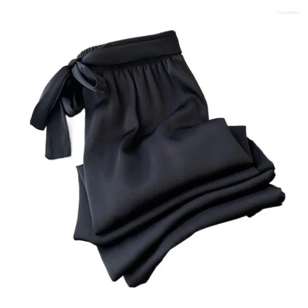 Pantalones de mujer elegantes de satén de pierna ancha largos informales elásticos de cintura alta con cinturón pantalones lisos lisos de seda estilo coreano