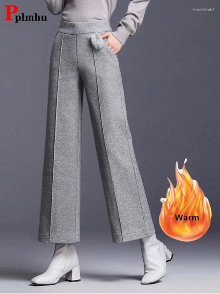 Pantalon femme élégant mélange de laine jambe large bureau dame taille haute pantalon droit automne hiver longueur cheville grande taille 4xl pantalon
