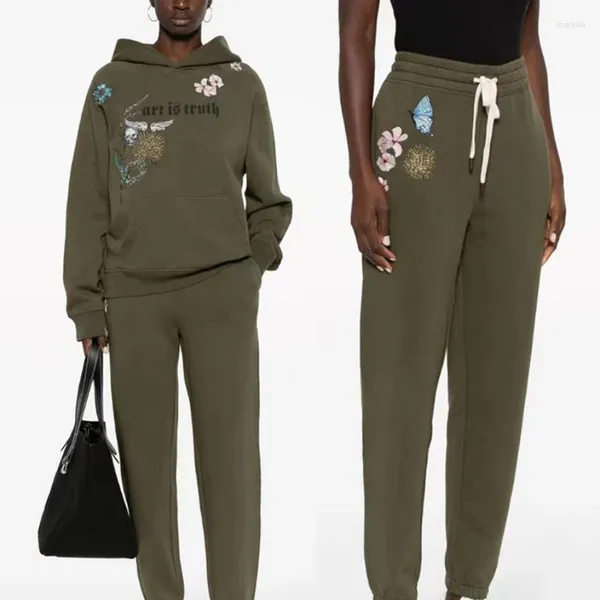 Pantalon femme motif brodé polaire armée vert pantalon taille élastique femme pantalon de survêtement/sweat à capuche