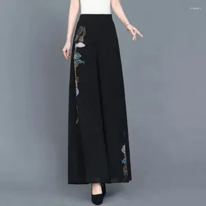 Damesbroeken Borduren Nationale Stijl Chinese Vintage Harajuku Mode Vrouwelijke Broek Zwart Wit Broekrok Chiffon Wijde Pijpen Vrouwen