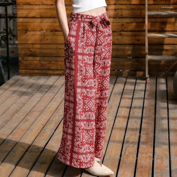 Pantalon femme Style ethnique bohème jambe large vacances pantalon de plage
