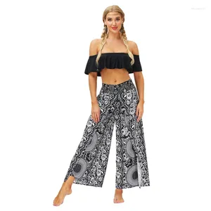 Damesbroeken etnische stijl casual sport wide been zomer vrouwen digitale printen dunne hoge taille losse gym all-match split broek