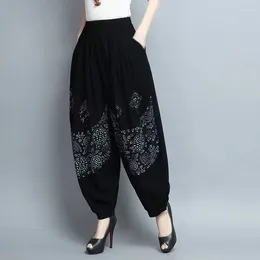 Pantalon pour femmes style ethnique lanterne lâche femme printemps été noire coton lin élastique haute de taille pantalon décontracté