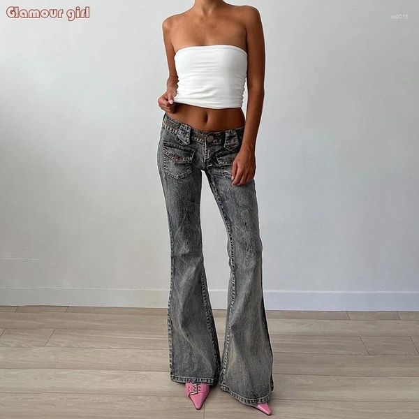 Pantalones de mujer Estilo de niña picante europea americana Talle bajo Slim Fit Looks Más delgado Desgastado Lavado Gris Denim Micro Trompeta Mujeres largas