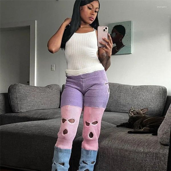 Pantalons pour femmes Style européen américain Couleur contrastée Tricoté Femmes Printemps Mode Sexy Trou Taille haute Leggings décontractés droits