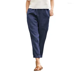 Pantalons pour femmes commerce extérieur européen et américain grandes poches couleur unie confortable coton lin pantalons droits femmes