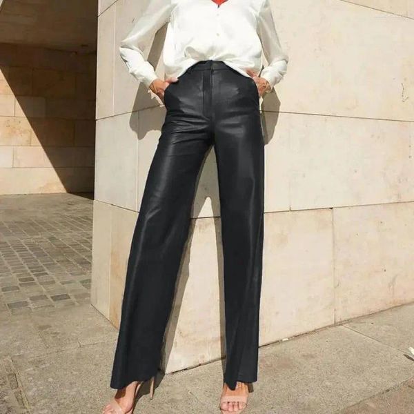 Pantalones de mujer estilo europeo y americano moda Primavera 2024 cuero PU cintura media alta elevación cadera pierna recta mujer Casual