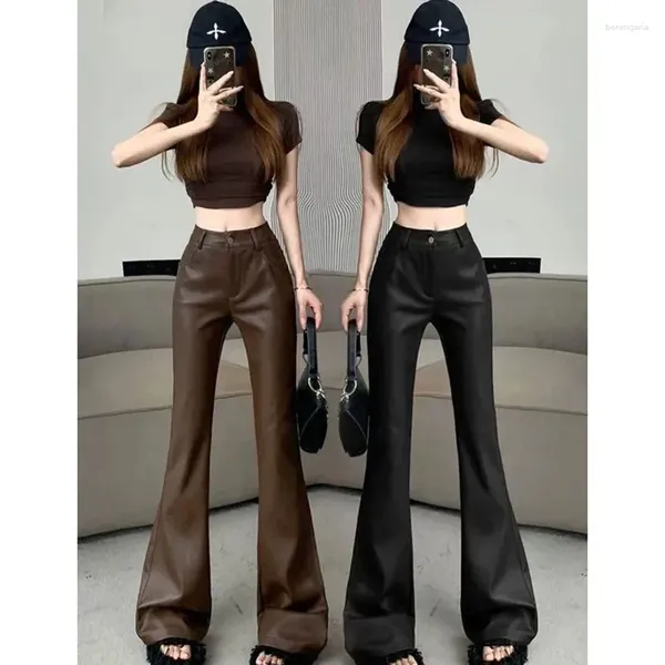 Pantalon Femme Européenne Noir Marron Micro PU Cuir Pour Femmes Printemps Automne Slim Fit Taille Haute Casual Longueur Pantalons