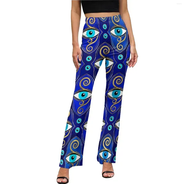 Pantalones de mujer con dije de mal de ojo, informales, con ojos abstractos, ajustados, estilo callejero, acampanados, con patrón de oficina de verano