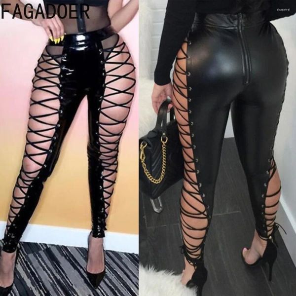 Pantalon féminin fagadoer noir mode pu cuir bandage skinny femmes hautes taies creux pantalon sexy dame club de nuit en lacet