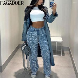 Pantalon Femme Fagadoer Bleu Mode Glands Denim Femmes Taille Haute Bouton Droit Jean Pantalon Casual Femelle Y2K Élasticité Bas