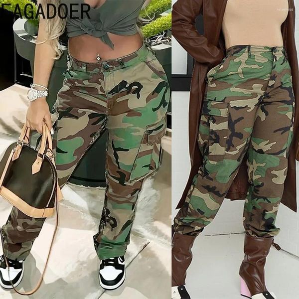 Pantalon Femme Fagadoer Mode Camouflage Imprimer Poche Cargo Femmes Taille Haute Bouton Pantalon Lâche Casual Femme Sport Bas Assortis