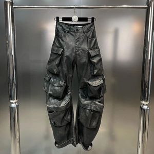 Pantalons pour femmes Automne 2023 Côté Multi-poches Design Rétro Do Old PU Cuir Dark Spice Style Cargo