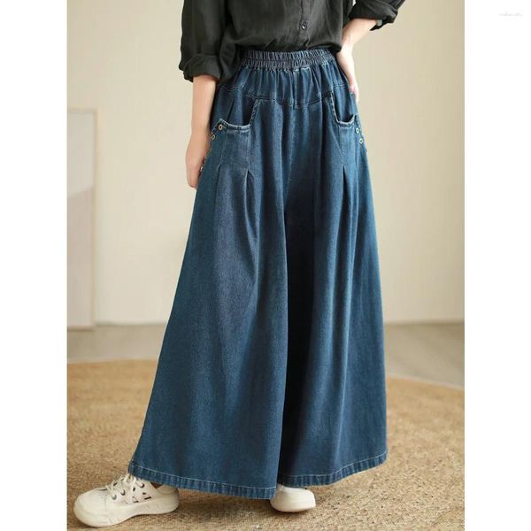 Pantalon femme automne et hiver rétro littéraire lavé vieux artisanat Denim tissu poches décontractées ample tendance drapé évasé