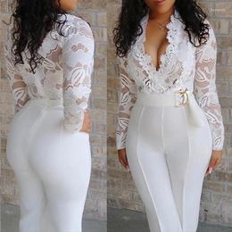 Pantalon Femme Automne Combinaison Femmes Salopette Fête Dentelle Barboteuses Blanc Body À Manches Longues Col En V Y2k Élégant Printemps Tenues Bureau