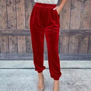 Pantalon Femme Mode 2024 Élégant Velours Rouge Pour Femmes Automne Hiver Élastique Taille Haute Casual Shorts Couleur Unie Pantalon Lâche
