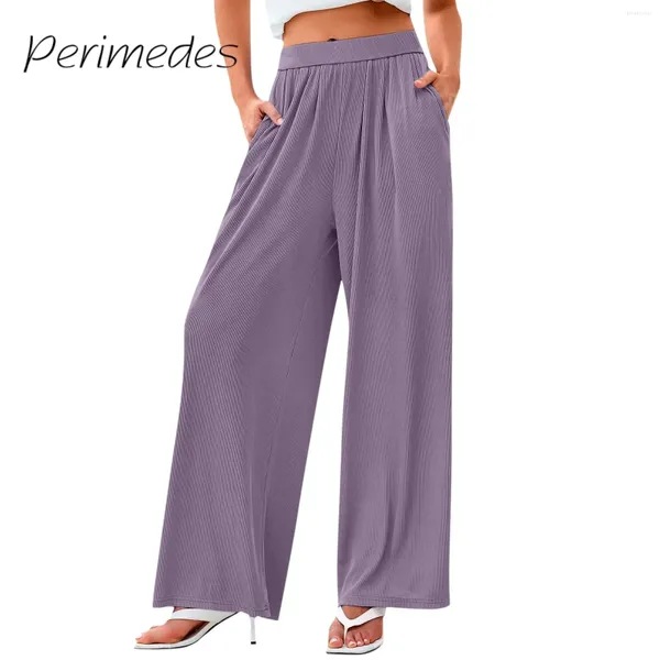 Pantalon féminin mode 2024 Été fluide coulable de couleur unie haute taille avec des poches de jambe large décontractée pantalones
