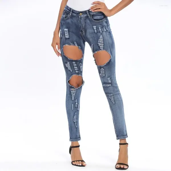 Pantalon Femme Mode Blanchi Ripped Jeans Femmes Printemps Coton Denim Slim Élasticité Skinny Moustache Effet Vintage