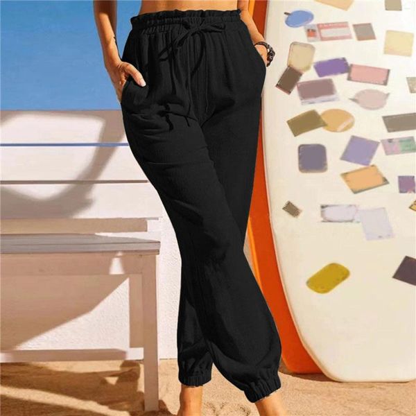 Pantalon femme mode décontracté couleur unie poches Design taille élastique confort pantalon formel élégant femmes culottes coton