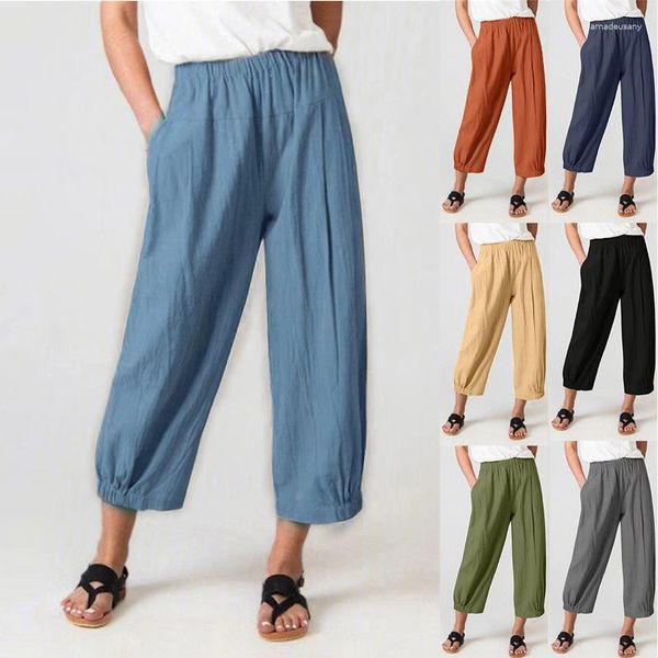 Pantalones de mujer Moda Casual Pierna ancha Señoras Algodón Lino Cintura elástica Verano Suelto Floral Harem Pantalón femenino