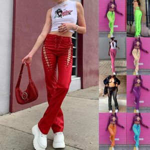 Pantalon femme mode Faux cuir PU droite femmes évider à lacets taille haute Slim Skinny Streetwear pantalon décontracté