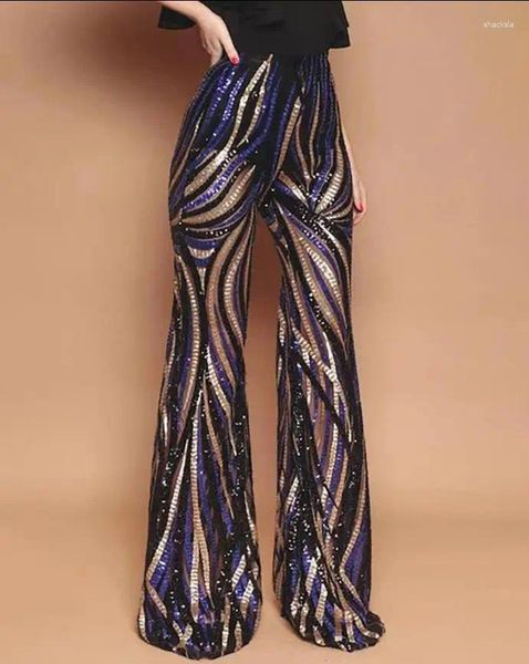 Pantalons pour femmes Mode pour femmes 2024 Glitter Taille haute Bell-fond Colorblock Rayé Paillettes Pantalon décontracté Europe Amérique