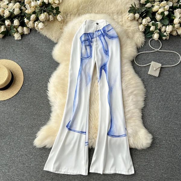 Pantalones de mujer Moda Chica Blanco Micro Flare Otoño e Invierno Línea Impreso Cintura alta Slim Fit Pantalones largos para el trabajo Casual
