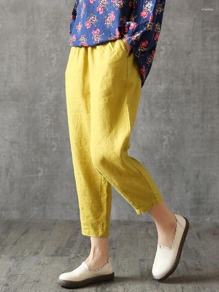 Pantalons pour femmes mode dames coton et lin recadrée en été rétro littéraire tempérament ample décontracté radis