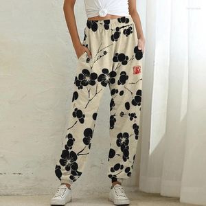 Pantalon Femme Mode Lady Petit Frais Rétro Long Pantalon Femme Casual Poche Pantalon Automne Hiver Femmes Cerisier Fleur Lino Art Sweatpant