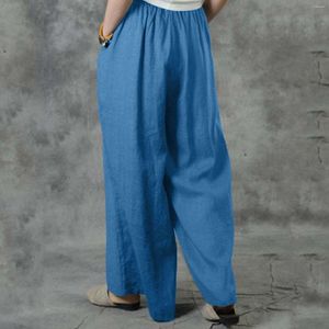 Damesbroek mode linnen katoenen vaste elastische taille broek dames wide been palazzo high taille lounge pant gesmokte geplooid los