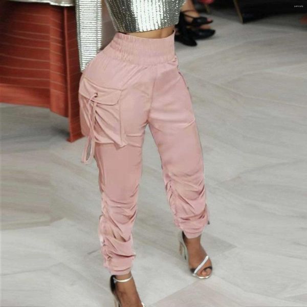 Pantalon pour femmes mode plissée de couleur unie à la taille élastique large plane aux pieds liés pèle