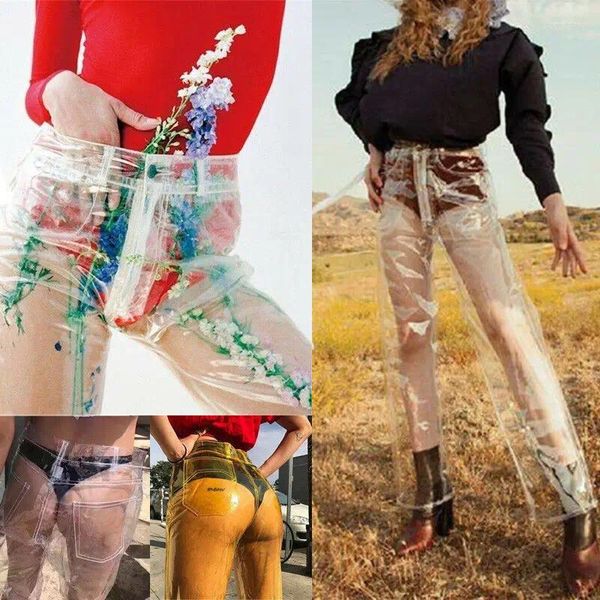 Pantalon femme mode PVC plastique pantalon imperméable voir si Unique Transparent solide taille haute jambe large pantalon ample Streetwear