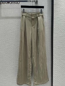 Pantalon féminin Fashion Runway Automne Khaki Couleur large jambe à l'extérieur ceinture solide décontractée bchette de pantalon lâche