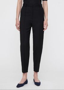 Pantalon femme mode pantalon en sergé de laine à plis cousus noir taille haute avec passants de ceinture poches latérales