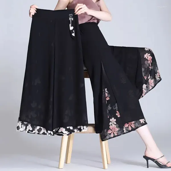 Pantalon pour femmes Fashion Split Fork Elegant Floral Print Summer Clothing Casual All-Match High Waist Mariffon Lignet Pantalon Q108
