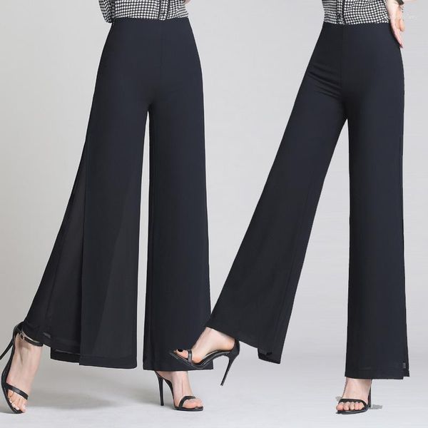 Pantalon femme mode fourche fendue élégant couleur unie danse vêtements d'été décontracté all-match taille haute en mousseline de soie pantalon jambe large