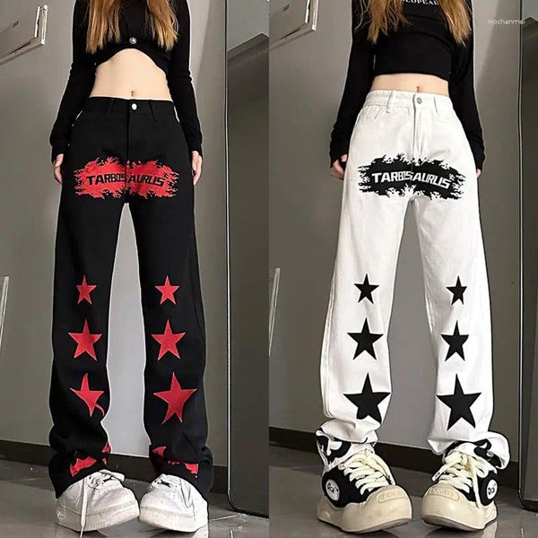 Pantalon femme Mode Tendance 2023 High Street Print Star Y2k Girl Jeans Denim Coréen Blanc Noir Taille Pantalon Vêtements