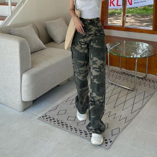 Pantalon femme mode Vintage Camouflage jean femme Streetwear taille haute droite Harajuku armée vert Y2k femme Denim pantalon