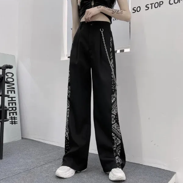 Pantalon Femme Mode Vintage Femmes Noir Polyvalent Printemps Automne Streetwear Imprimer Chaîne Hip Hop Casual Taille Haute Pantalon Large Jambe