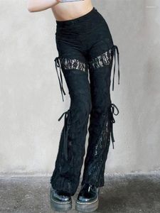 Pantalons pour femmes Mode Femmes Flare Taille haute Dentelle Évider Pantalon à nouer Leggings Gothique Y2K Vêtements esthétiques
