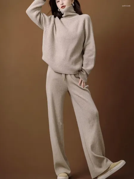 Pantalones de mujer Moda Mujer Conjunto de dos piezas de punto Cuello alto Jersey casual Suéter acanalado Tops Trajes Mujer Trajes de pantalón sólidos