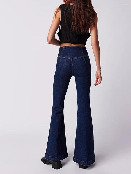 Pantalones De Mujer Moda Jeans Acampanados De Color Sólido Elástico Cintura Alta Pierna Ancha Denim Slim Bell Bottoms Casual Streetwear