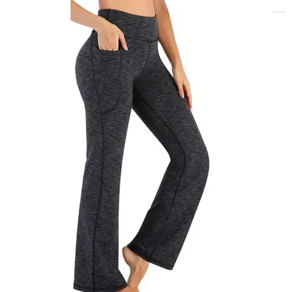 Pantalons Femmes Mode Entraînement Large Jambe Femmes Taille Haute Yoga Fitness Slim Poches Leggings Flare Pantalon Dames Solide Y2k Vêtements Gris