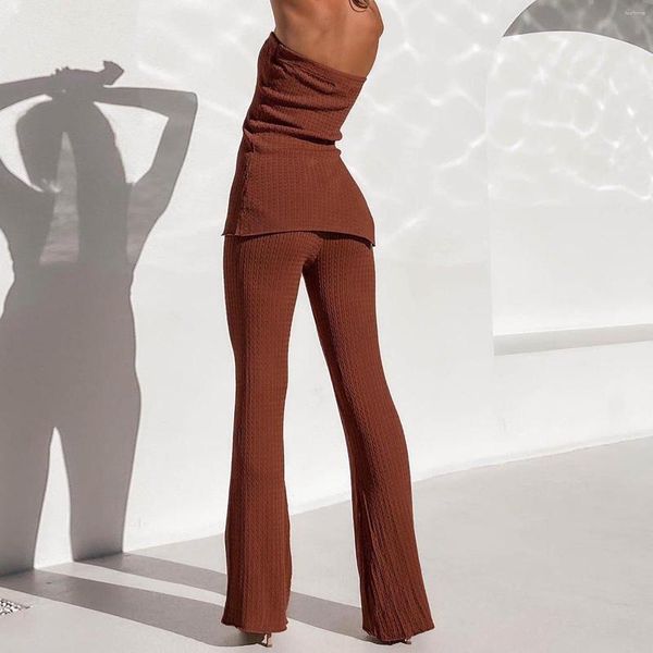 Pantalones de mujer moda Y2K señoras conjuntos plisados sin espalda sin mangas Sexy tubo superior traje de cintura alta Color sólido fuera del hombro femenino de dos piezas