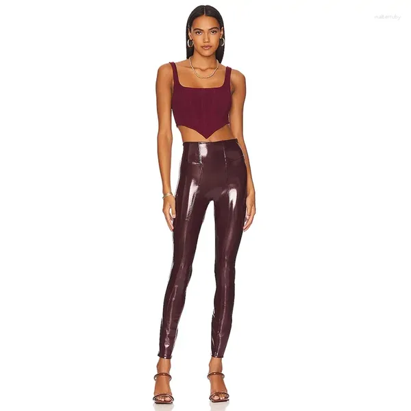 Pantalons Femmes Faux Latex Taille Haute Pantalon Femmes Brillant Patene Cuir Leggings Dames Slim Splicing Cropped Wettlook Clubwear Personnalisé